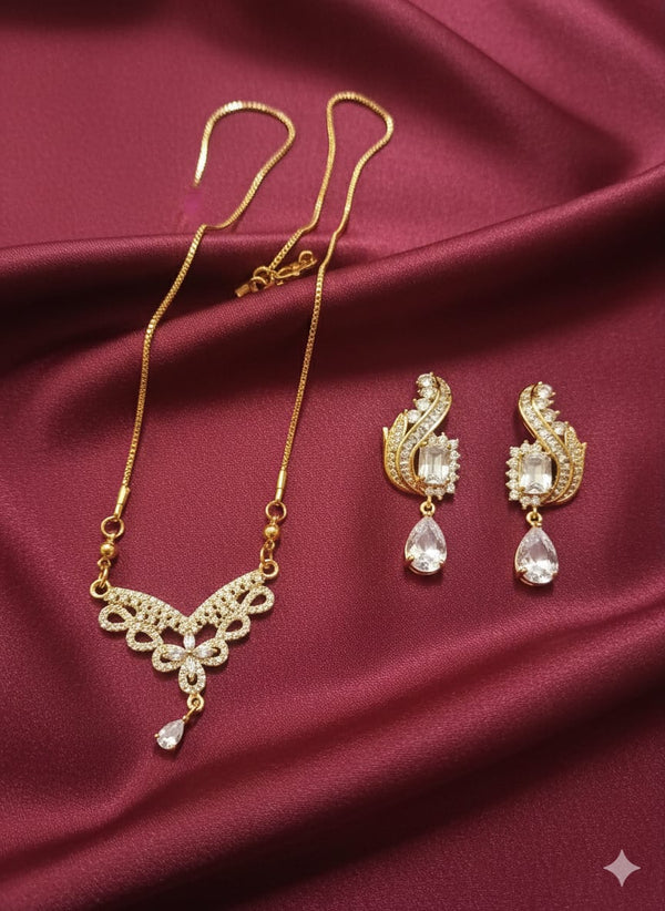 High Quality Zircon Gold Plated Long Earrings & Pendant Set